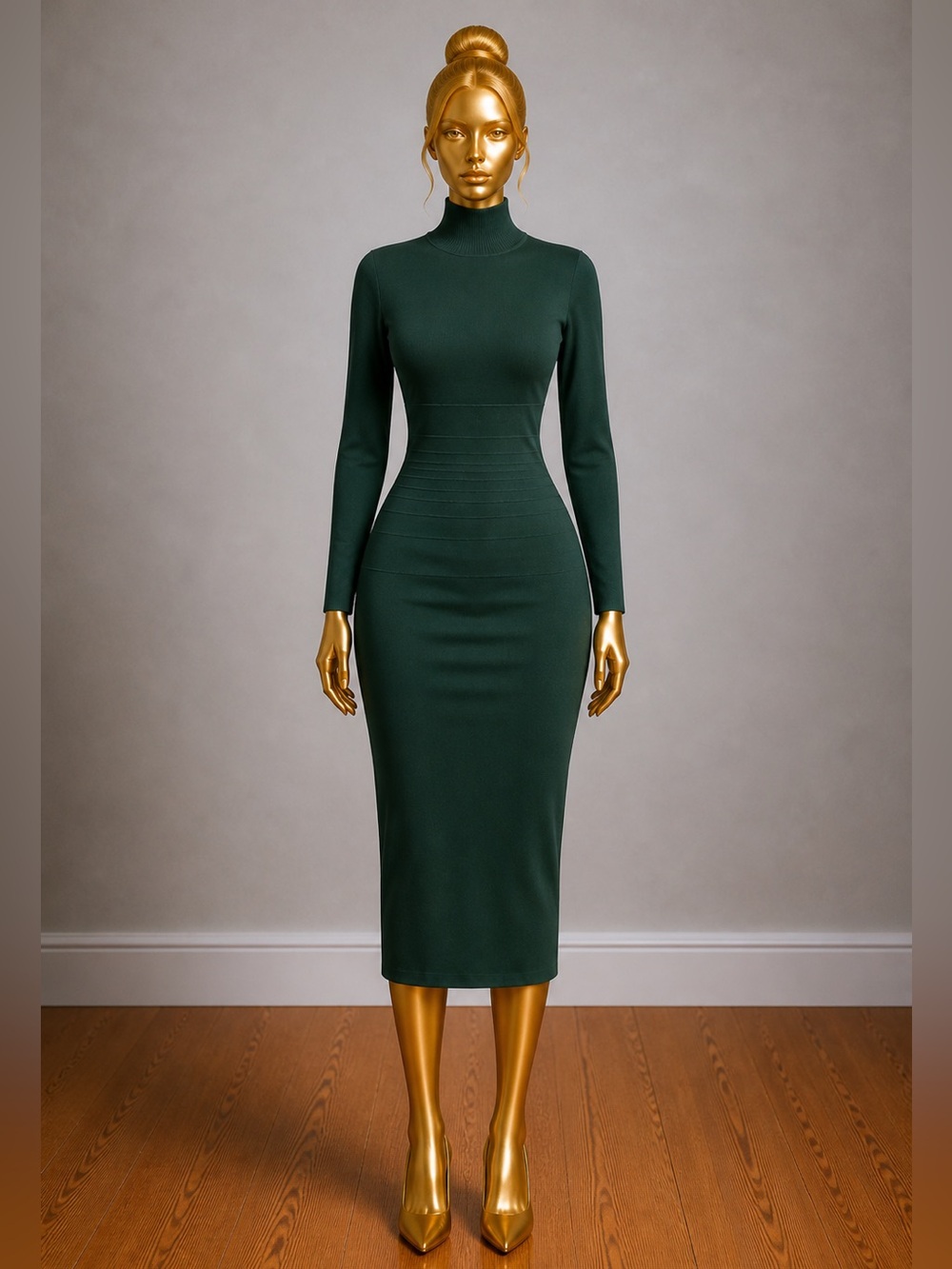 Fashion Nova Dark Green Long Sleeve Bodycon Midi Dress